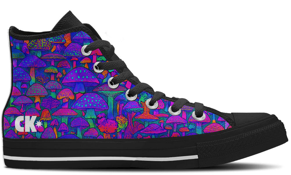 Custom Kiks Royal Purple Mushroom High Tops in deep purple whimsical mushroom design