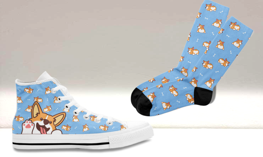 Custom Kiks Corgi high-top sneakers with matching playful corgi dog 