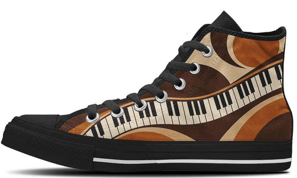 High Top sneaker in black sole with a side view featuring a piano keys pattern over flowing retro waves in shades of brown, tan, and orange.