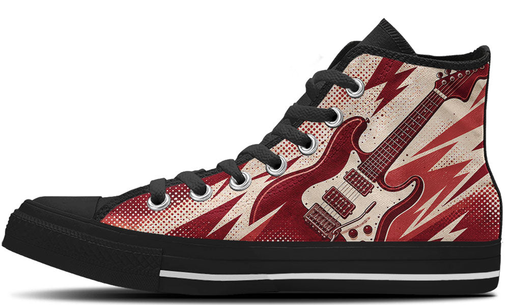 Classic high top sneaker with a red electric guitar graphic, lightning bolts, and halftone dots print in black sole.