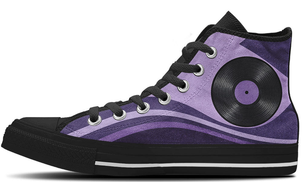 High top sneaker with a black vinyl record graphic over layered light and dark purple wave patterns, in black sole.