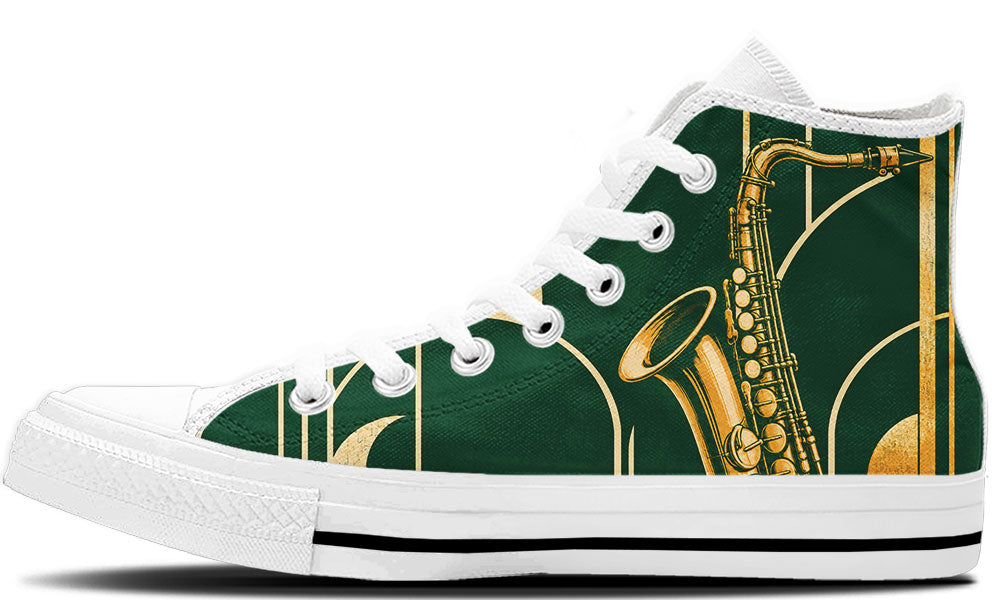 High Top sneaker in white sole with a side view featuring a golden brass saxophone over an emerald green Art Deco geometric pattern.
