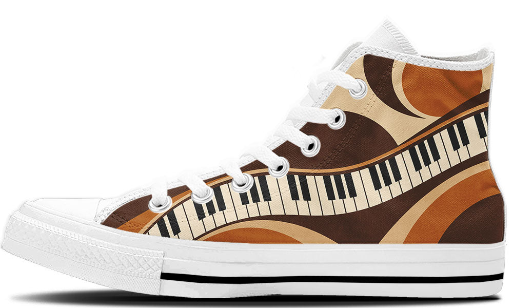 High Top sneaker in white sole with a side view featuring a piano keys pattern over flowing retro waves in shades of brown, tan, and orange.