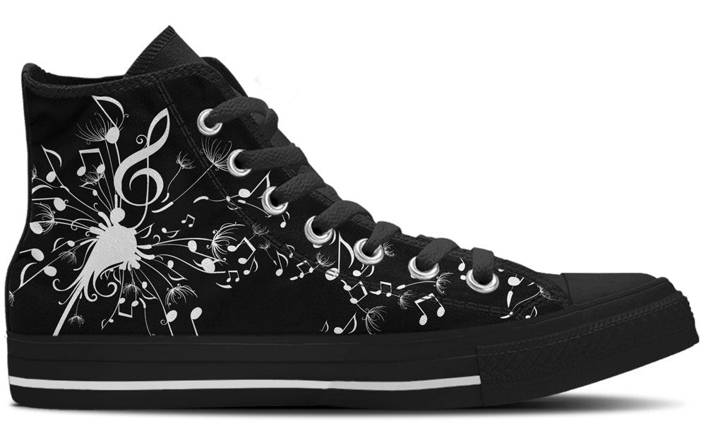 A black high-top canvas sneaker featuring white musical notes and treble clefs printed across the side, shown against a plain white background.