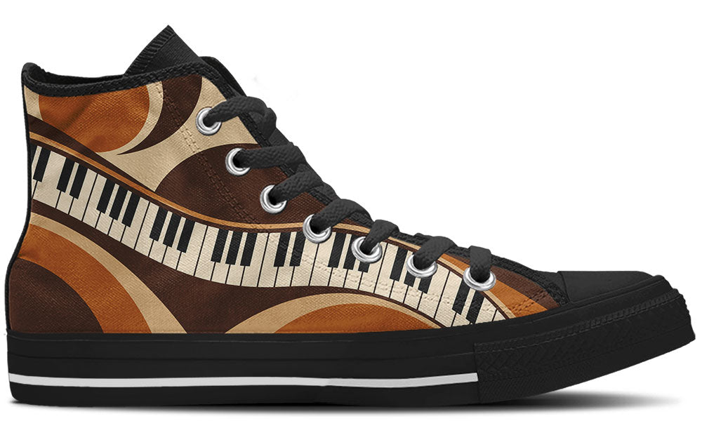 High Top sneaker in black sole with a side view featuring a piano keys pattern over flowing retro waves in shades of brown, tan, and orange.