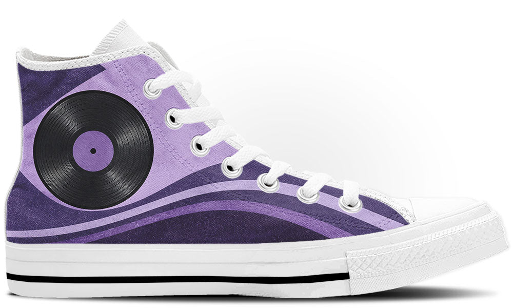 High top sneaker with a black vinyl record graphic over layered light and dark purple wave patterns, in white sole.