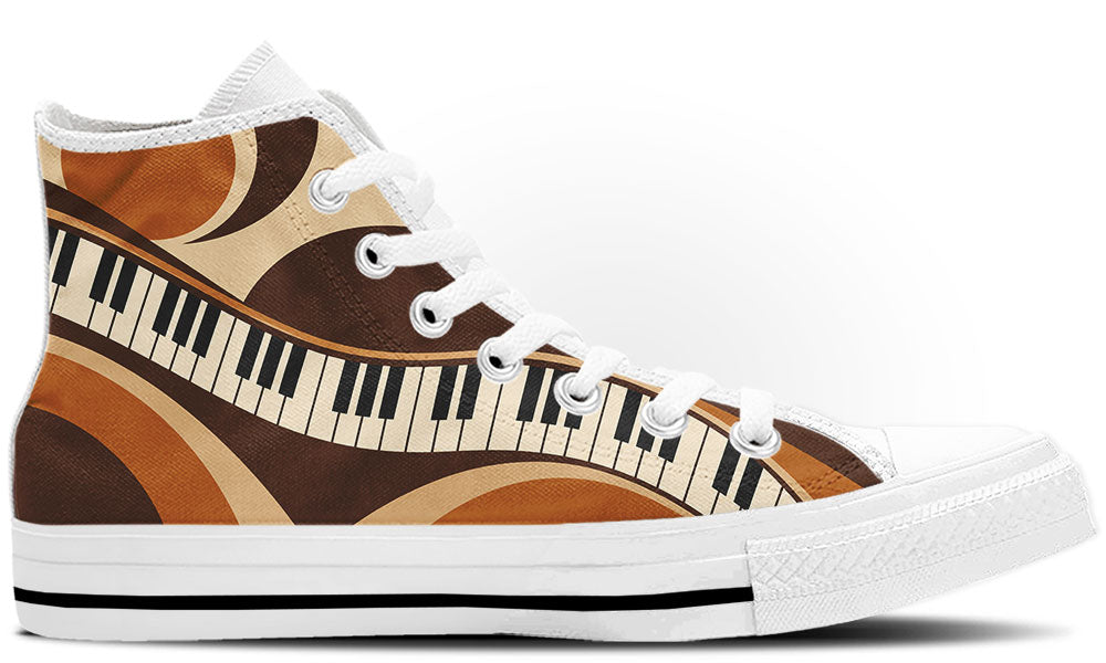 High Top sneaker in white sole with a side view featuring a piano keys pattern over flowing retro waves in shades of brown, tan, and orange.
