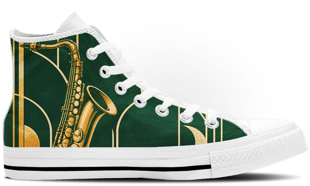 High Top sneaker in white sole with a side view featuring a golden brass saxophone over an emerald green Art Deco geometric pattern.