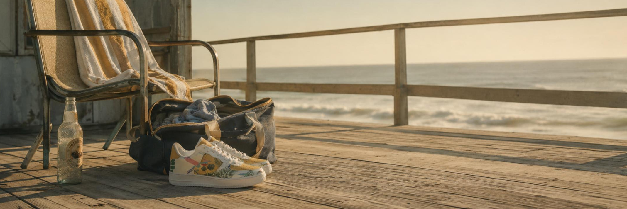 CK Court Sneakers next to chair with a towel and bag on a wooden deck overlooking the ocean