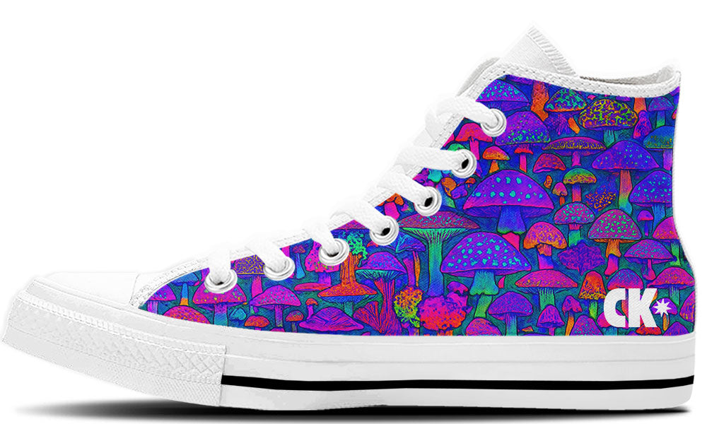 Custom Kiks Royal Purple Mushroom High Tops in deep purple whimsical mushroom design