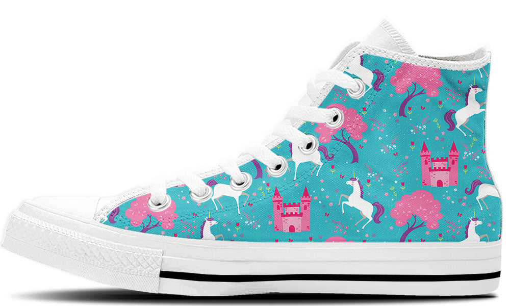 Fairytale Sneakers: Unicorn and Castle Pattern High Top Sneakers