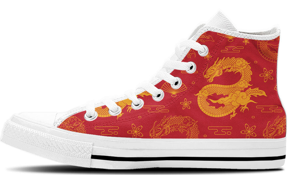 Dragon Sneakers: Red Dragon Pattern High Top Sneakers