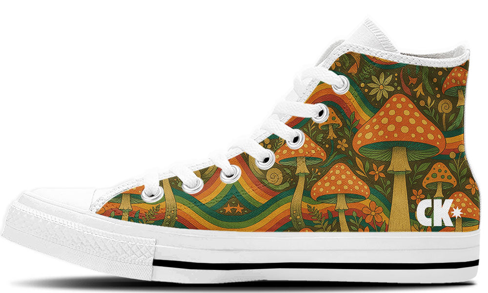 Custom Kiks Fungi Pride High Tops – terracotta red and deep green mushroom patterns with rainbow background