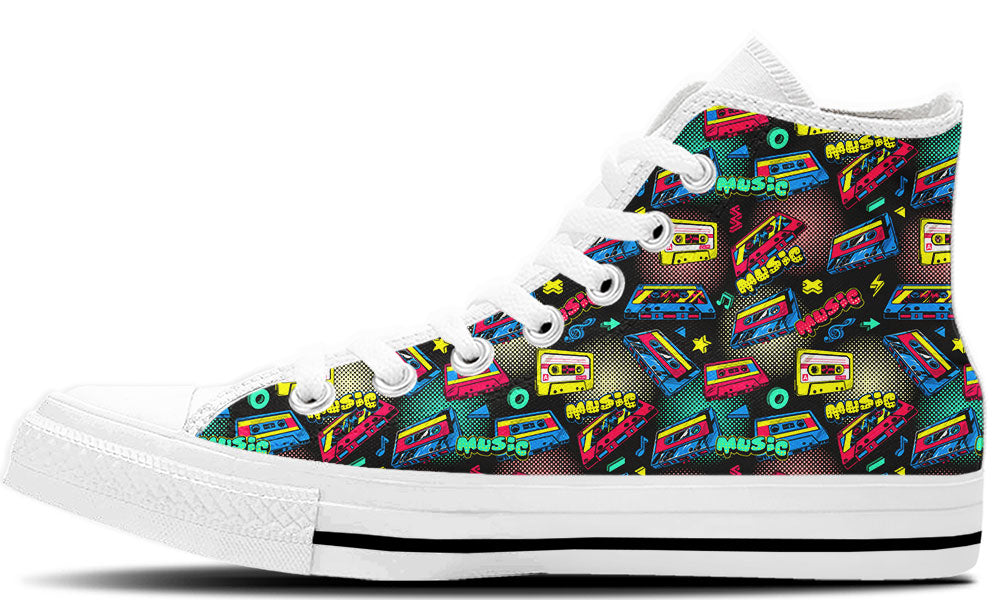 High Top sneaker in white sole with a side view featuring a colorful 80s retro pattern of neon cassette tapes, halftone dots, and music text.