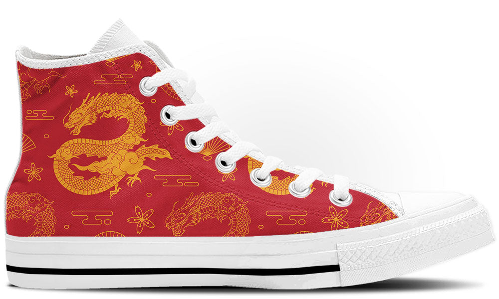 Chinese Dragon Sneakers: Red Dragon Pattern High Top Sneakers