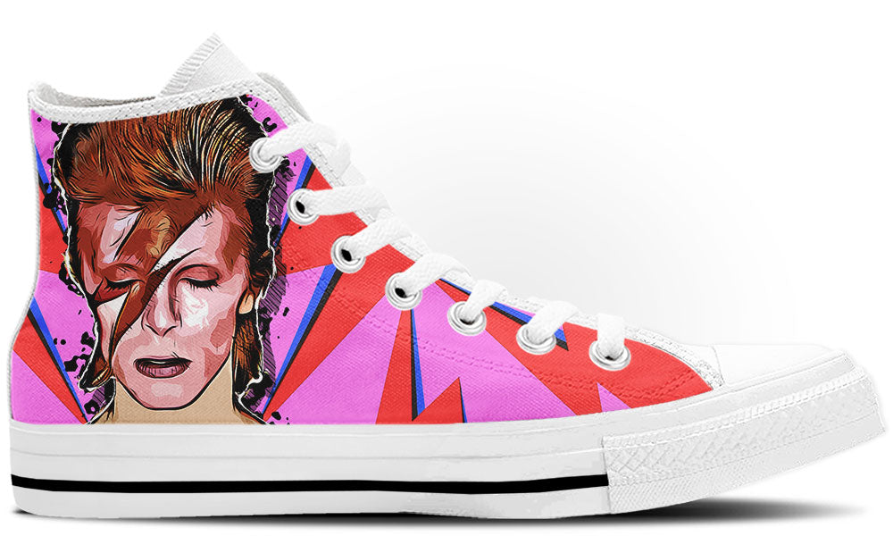High Top sneaker in white sole with a side view featuring a pink and red starburst background accented with bold red and blue lightning bolt graphics.