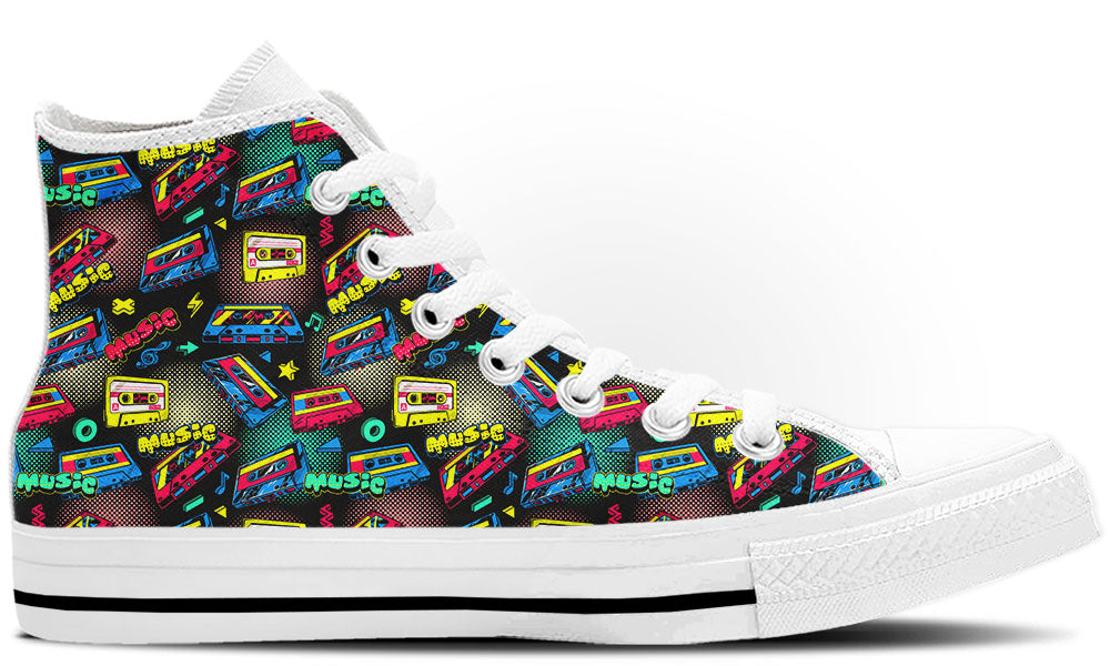High Top sneaker in white sole with a side view featuring a colorful 80s retro pattern of neon cassette tapes, halftone dots, and music text.