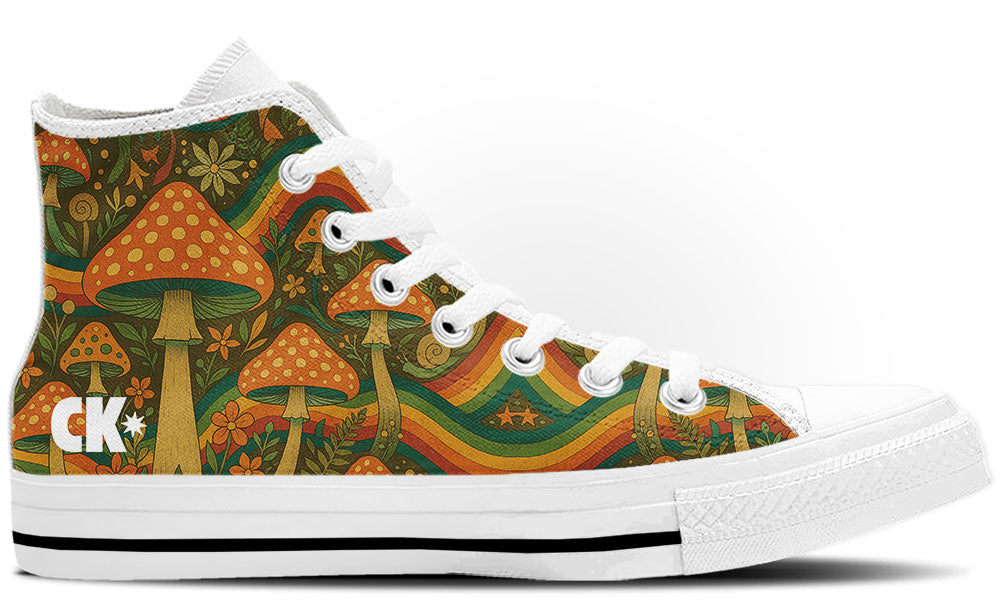 Custom Kiks Fungi Pride High Tops – terracotta red and deep green mushroom patterns with rainbow background