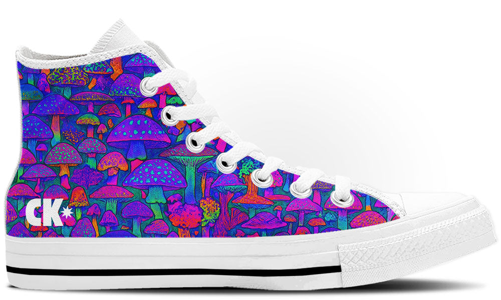 Custom Kiks Royal Purple Mushroom High Tops in deep purple whimsical mushroom design