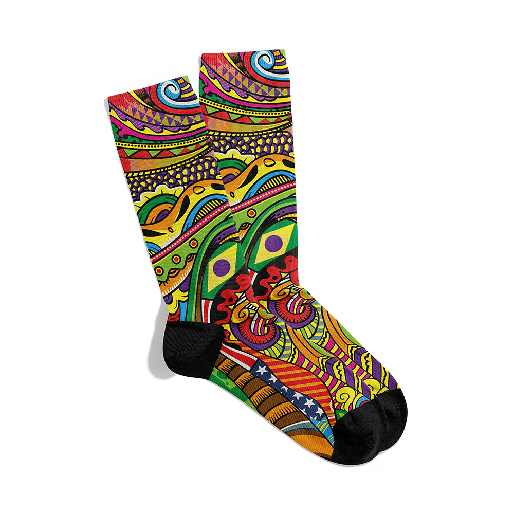 A pair of colorful patterned socks with abstract designs.