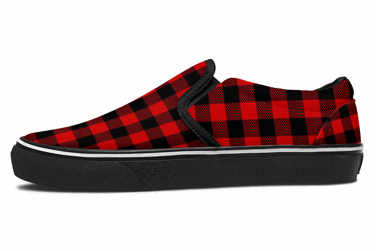 RED PAILD SLIP ONS