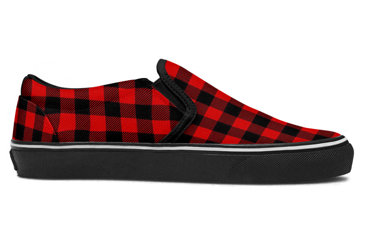 RED PAILD SLIP ONS