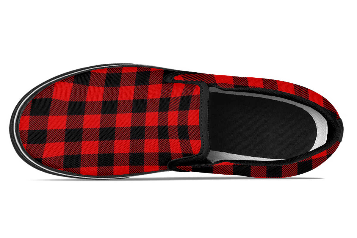 RED PAILD SLIP ONS