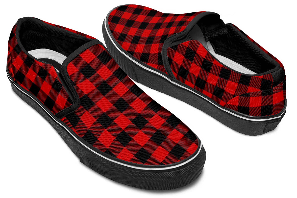 RED PAILD SLIP ONS