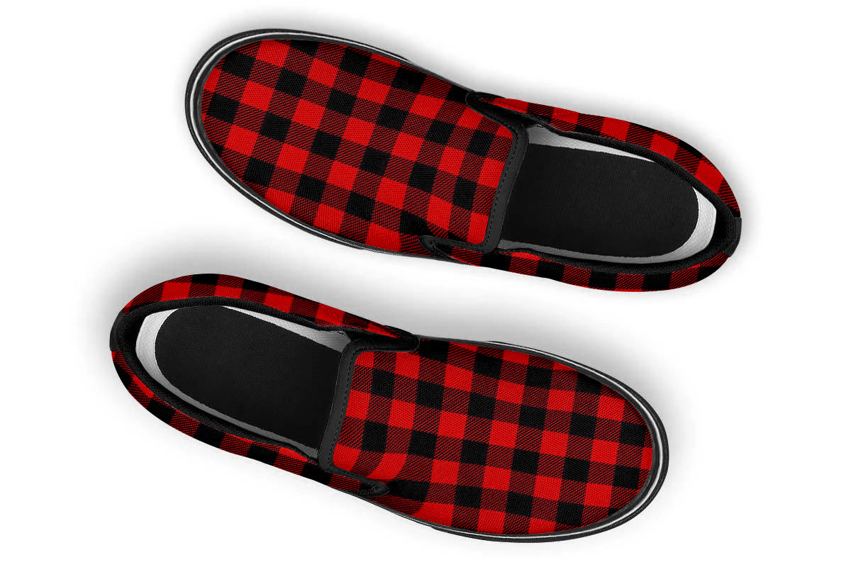 RED PAILD SLIP ONS