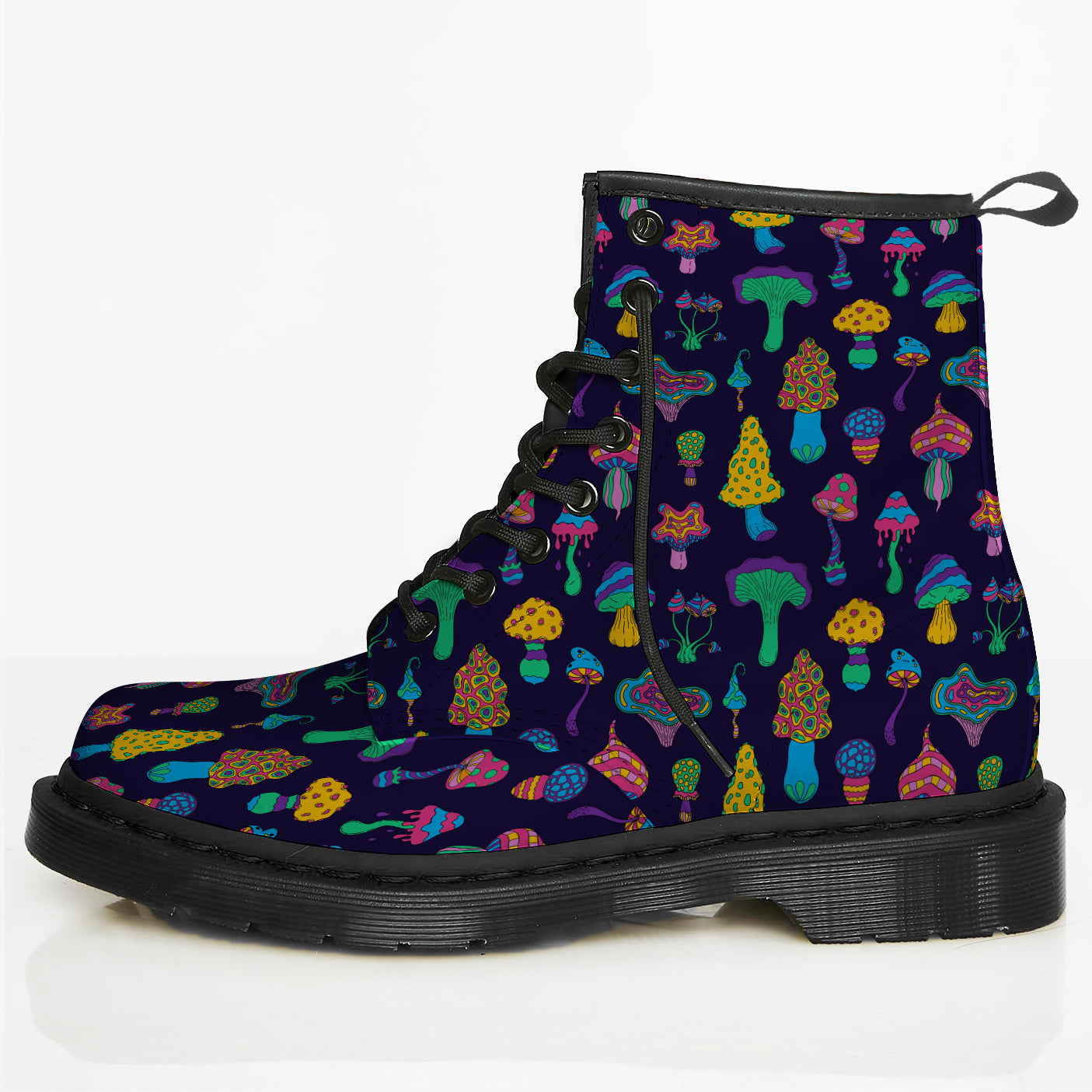 Custom Kiks boots with a psychedelic mushroom print on a dark background, featuring a lace-up closure and a rounded toe.