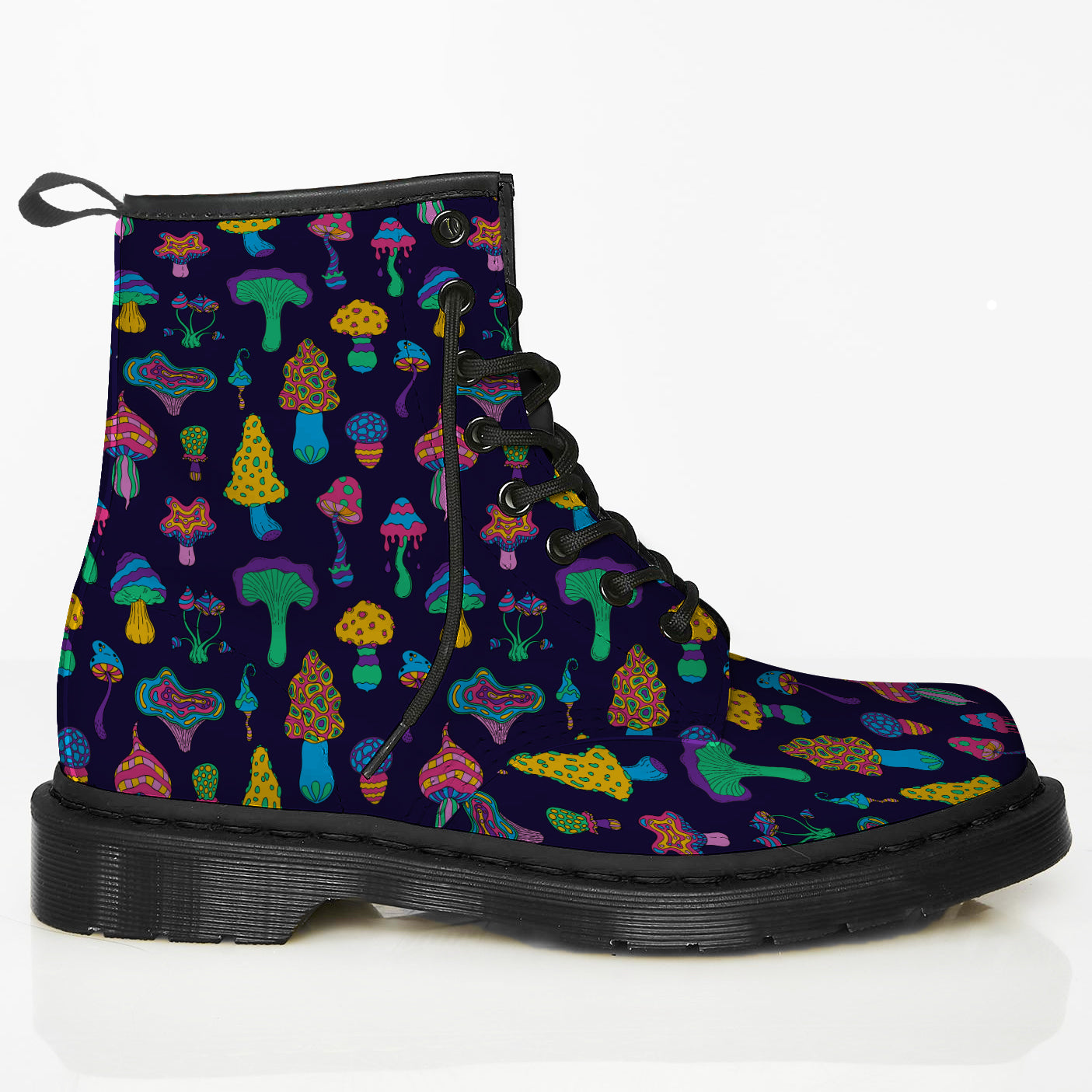 Custom Kiks boots with a psychedelic mushroom print on a dark background, featuring a lace-up closure and a rounded toe.