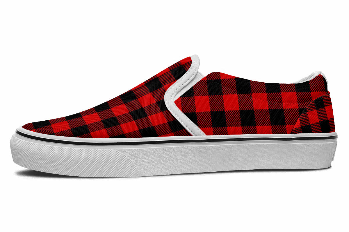 RED PAILD SLIP ONS