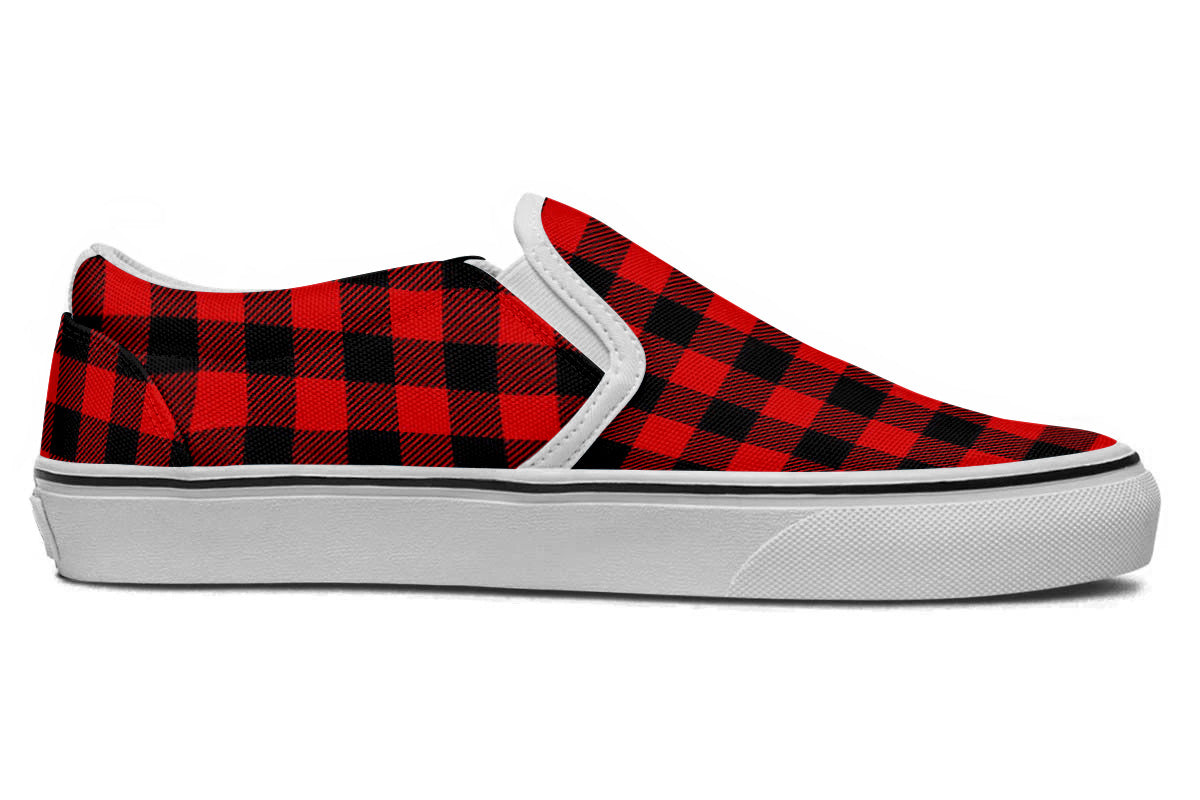 RED PAILD SLIP ONS