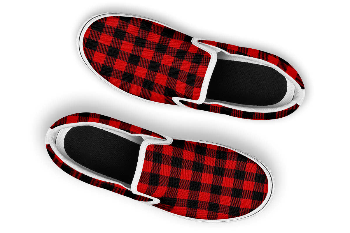 RED PAILD SLIP ONS